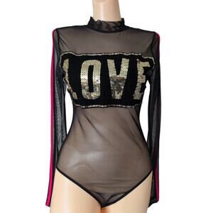 Sheer Black Mesh LOVE Sequin Bodysuit Medium Y2K‎ Rave Club Indie Sleaze Dance